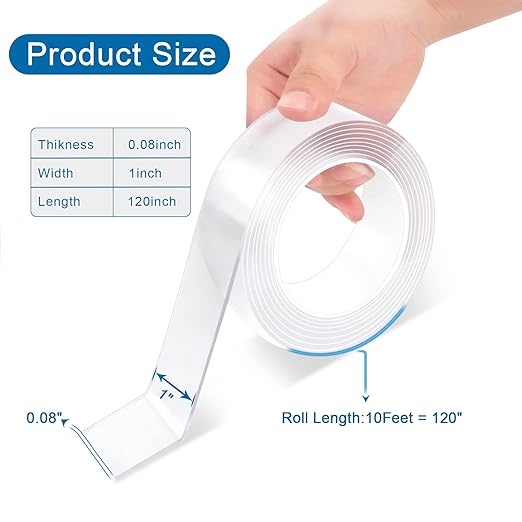 Heavy Duty Double Sided Mounting Tape, 1" x 120", Traceless and Removable Nano Adhesive Tape for Outdoor and Indoor, Strong Stick Clear Two Sided Gel Grip Tape (10 FT)