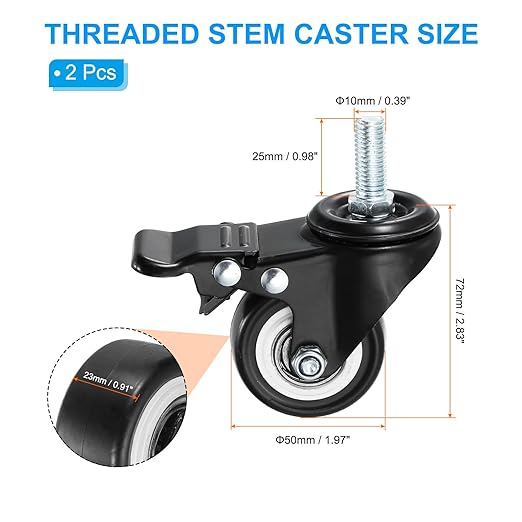 PATIKIL 2 Inch Stem Casters, 2 Pack PU Threaded Stem Caster Wheel with Brake 360 Degree Rotation M10 x 25mm for Rolling Cart Cart Wheels Furniture Replacement