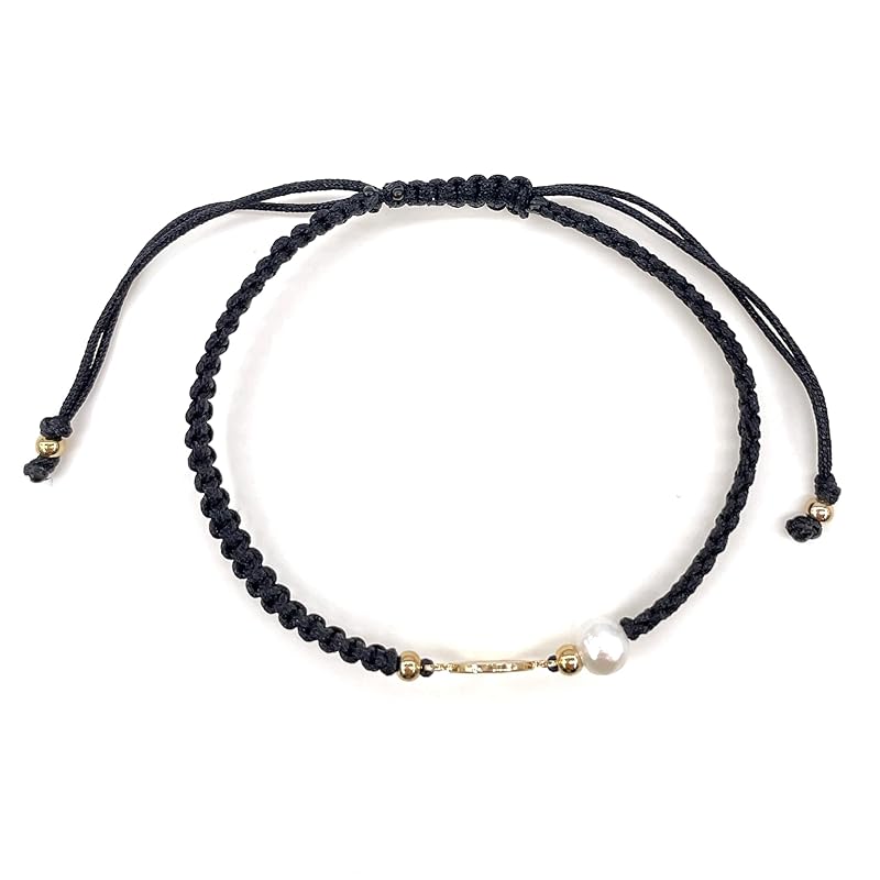 Our Lady of Guadalupe Medal and Dainty Cultured Fresh Father Pearl Adjustable Red String Bracelet Pulsera de la Virgen de Guadalupe para Mujeres (Black)