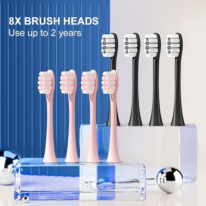 2 Pack Rechargeable Electric Toothbrushes for Adults and Kids, Whitening Tooth Brush with 8 Brush Heads, 6 Cleaning Modes and Smart Timer, Waterproof Cleaning Toothbrushes Set(Black&Pink)