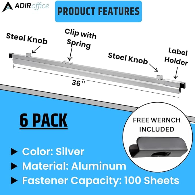 Adir Blueprint Clamp 36 Inches - Blueprint Clips, Blueprint Binding Strips, Architectural Blueprint Binders for Blue Print Organizers, Poster, Maps Construction Plan Holder (Pack of 6)