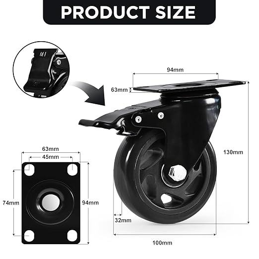 Caster Wheels, Heavy Duty 4 Inch Casters Set of 2, Locking Swivel Casters Wheels for Cart, Furniture and Workbench, Black