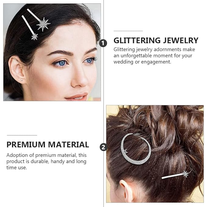 2pcs Vintage Star Moon Hair Pin Metal Alloy Rhinestone Bobby Pins Hair Accessories for Woman (Silver)