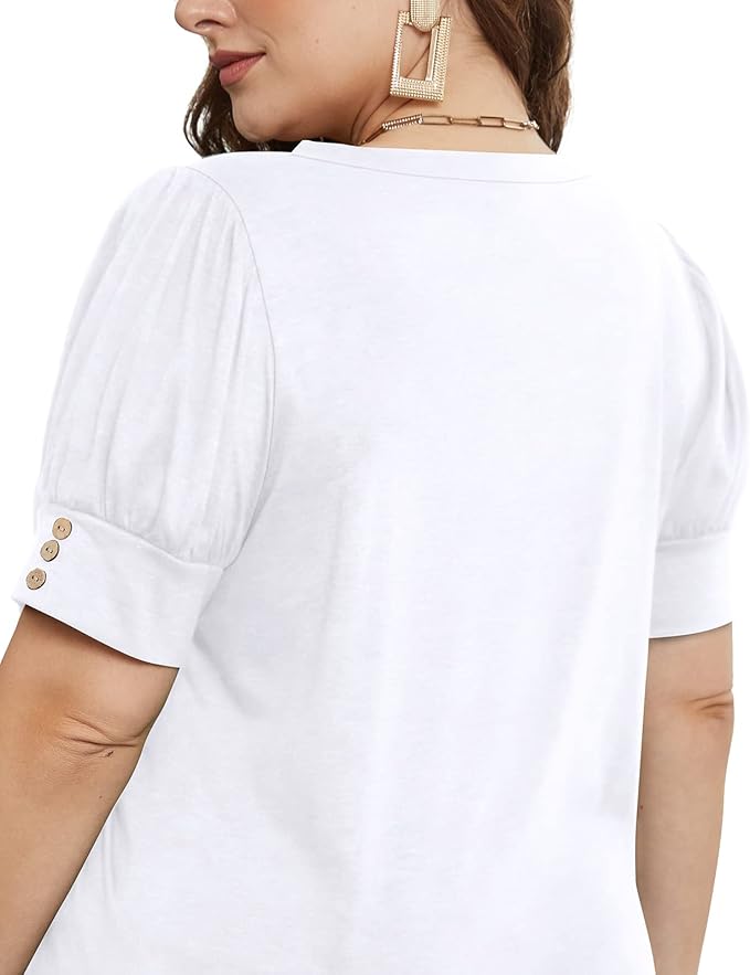 WEESO Summer V Neck Shirts for Women Puffy Short Sleeves Blouses and Tops Dressy Casual Fashion Clothes S-3XL