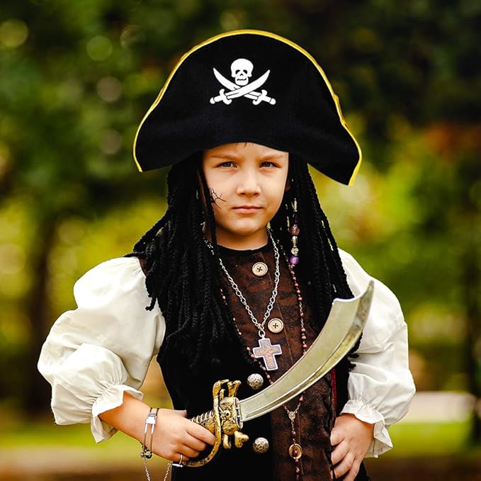 ArtCreativity Pirate Felt Hat for Kids, 1PC, Pirate Costume Hat with Skull and Cross Sword Design, Costume Prop for Halloween, Dress Up Parties, and Photo Booth, Black, White, and Gold