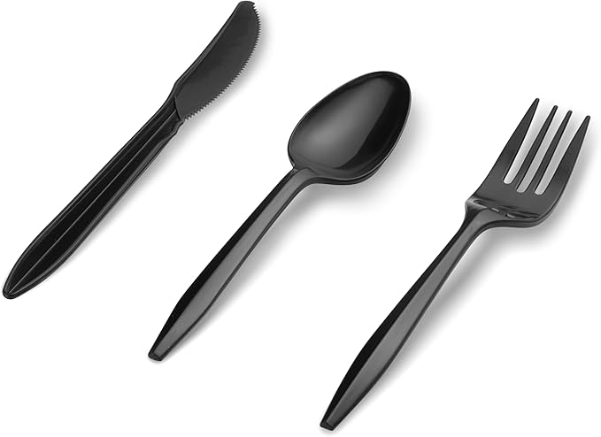1000 Count Black Silverware Set, 334 Forks, 333 Spoons, 333 Knives, Medium Weight BPA Free Disposable Plastic Cutlery Set, Bulk Combo Pack Flatware Set for Party Supplies