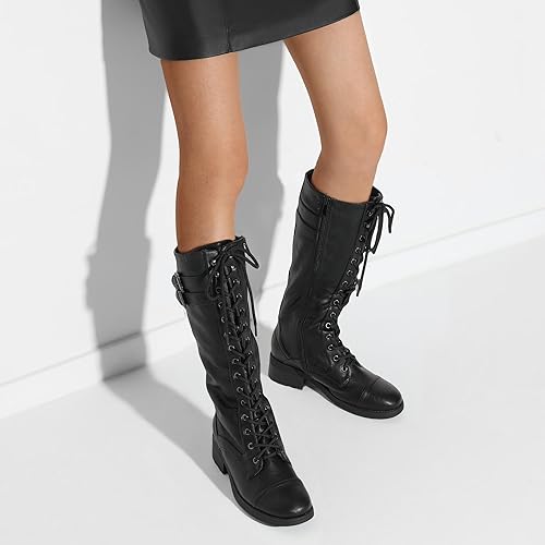 DREAM PAIRS Women's Pu Knee High Riding Combat Boots