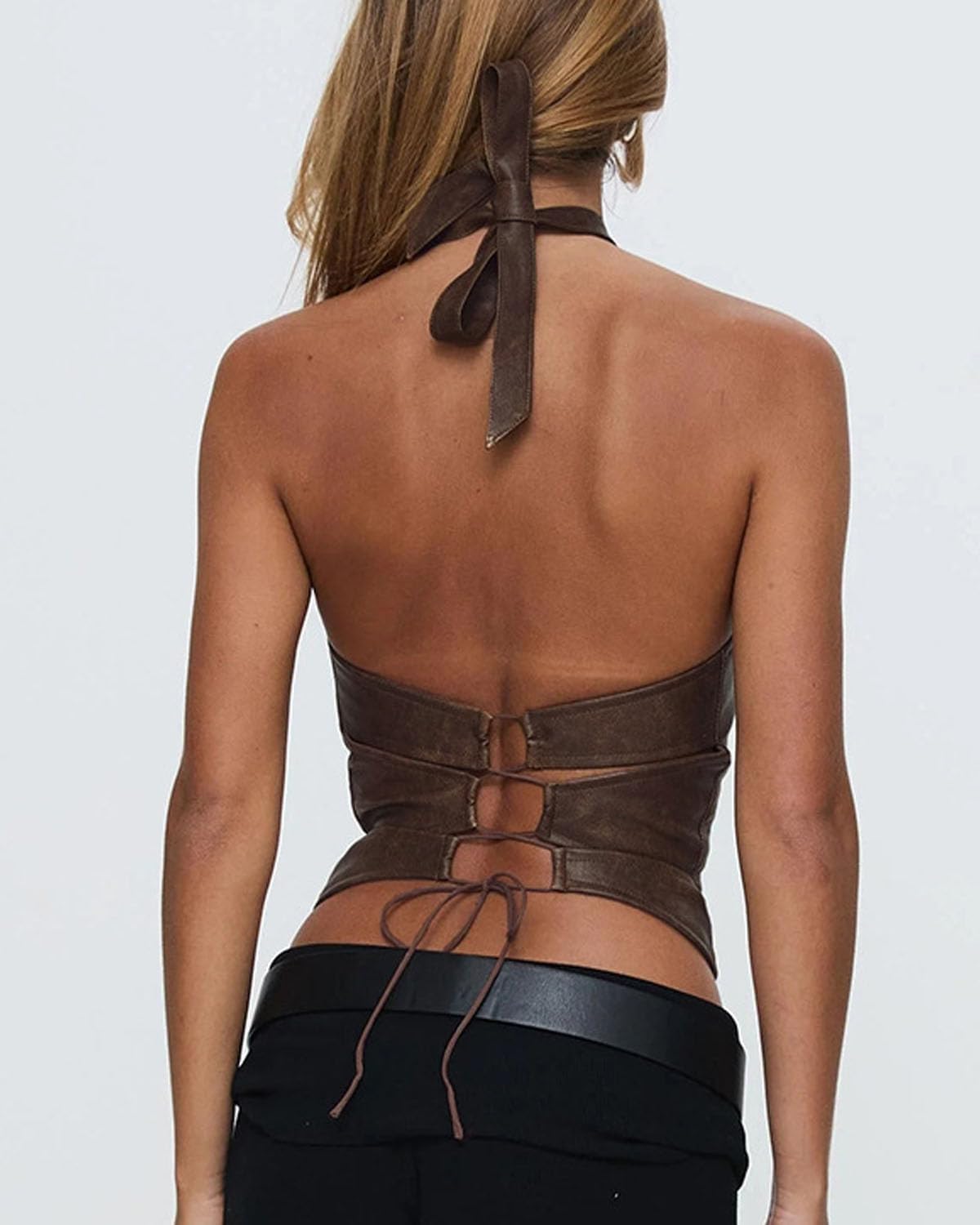Women Y2K PU Leather Backless Ring Halter Tank Top Trendy Sleeveless Off Shoulder Lace Up Back Crop Cami Clubwear