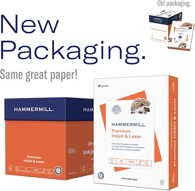 Hammermill Printer Paper, Premium Inkjet Laser Paper 24 Lb, 8.5 x 11 - 1 Ream (500 Sheets) - 97 Bright, Made in the USA, 166140R