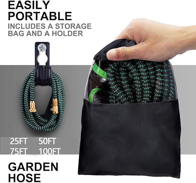 MQUAD Ultimate Expandable Garden Hose - Heavy Duty, Tangle-Free, Flexible with 10-Pattern Spray Nozzle, Solid Brass Connectors, 4-Layer Latex Core, Storage Bag, and Holder (Black/Green, 50FT)
