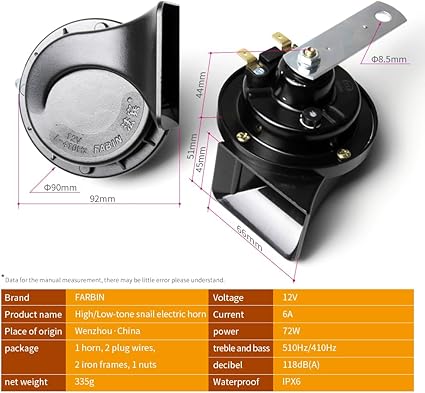 FARBIN Compact Horn 12V Car Horn Loud Low-Tone 410HZ Waterproof Auto Horn Electric Snail Horn Universal for Any 12V Vehicles (Single low pitched snail horn, 12v)