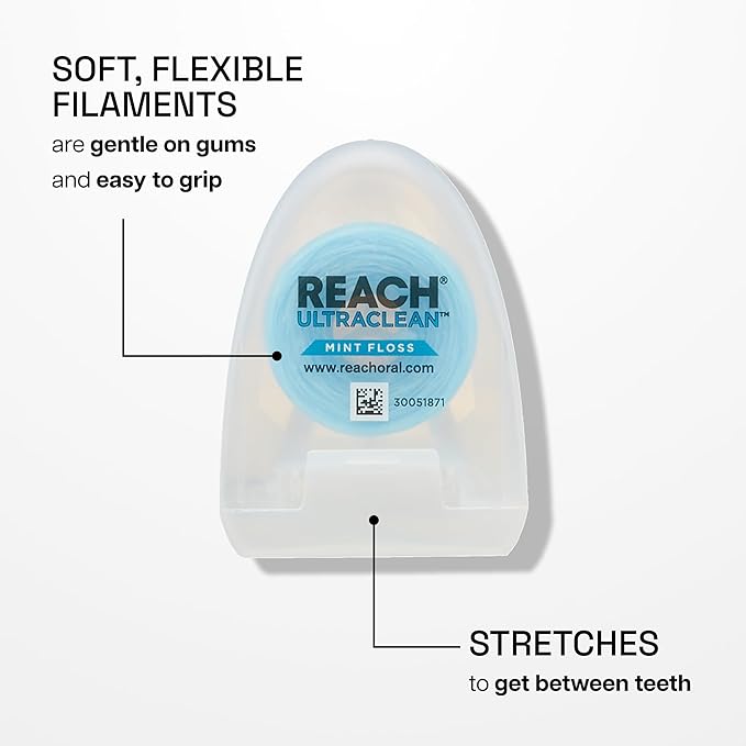 REACH Ultraclean Dental Floss, Mint, Plaque Remover for Teeth, Shred Resistant, Waxed, Easy on Gums & Teeth, Mint, Oral Care, PFAS Free, for Adults & Kids, 1 Pack, 30 yd