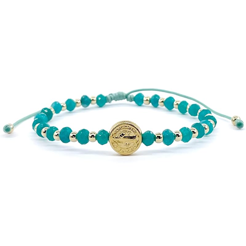 St Benedict Coin and Natural Round Aquamarine Agate Beads Adjustable Bracelet for Women (Aquamarine Agate)
