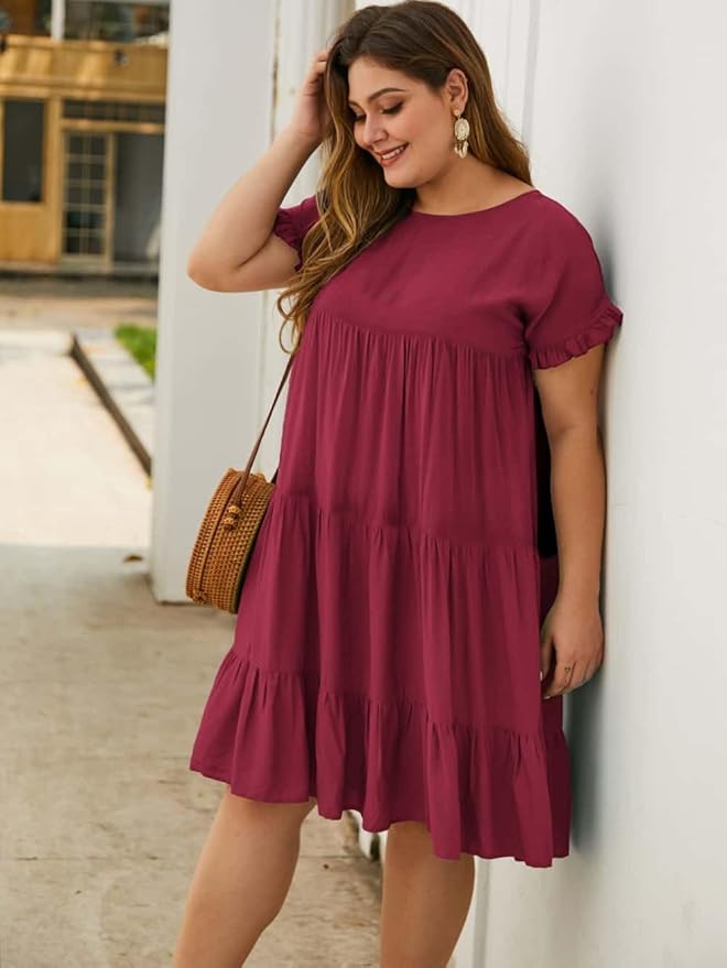 YOXUA Womens Plus Size Dress - Ruffle Short Sleeve Crewneck Color Block Loose Summer Beach Swing Dresses XL-4XL