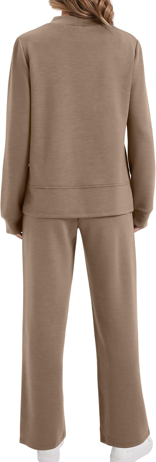 XIEERDUO Women's Side Slit Lounge Sets 2 Piece Outfits Mock Neck Tracksuit Fashion Sweatsuit Wide Leg Loungewear S-3XL