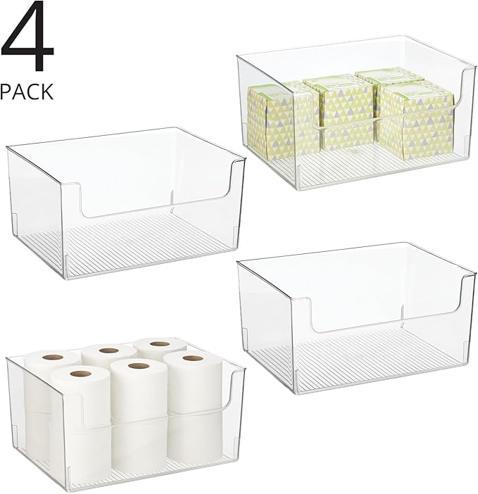 mDesign Large Modern Plastic Open Front Dip Storage Organizer Bin Basket for Bathroom Organization - Vanity Shelf, Cubby, Cabinet, and Closet Organizing Decor - Ligne Collection - 4 Pack - Clear