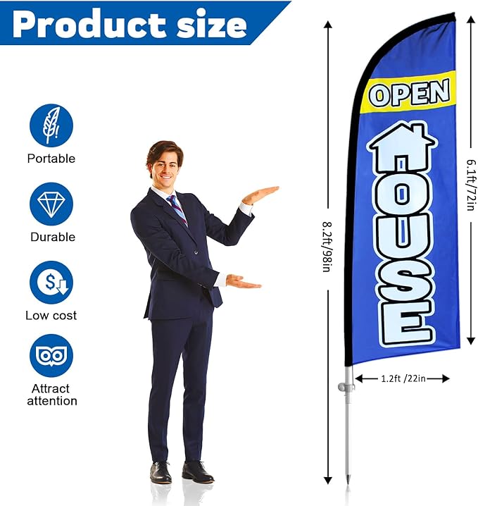 8FT Open House Flag With Pole Kit, Signs for Real Estate, Ground Stake for Outdoor Supplies