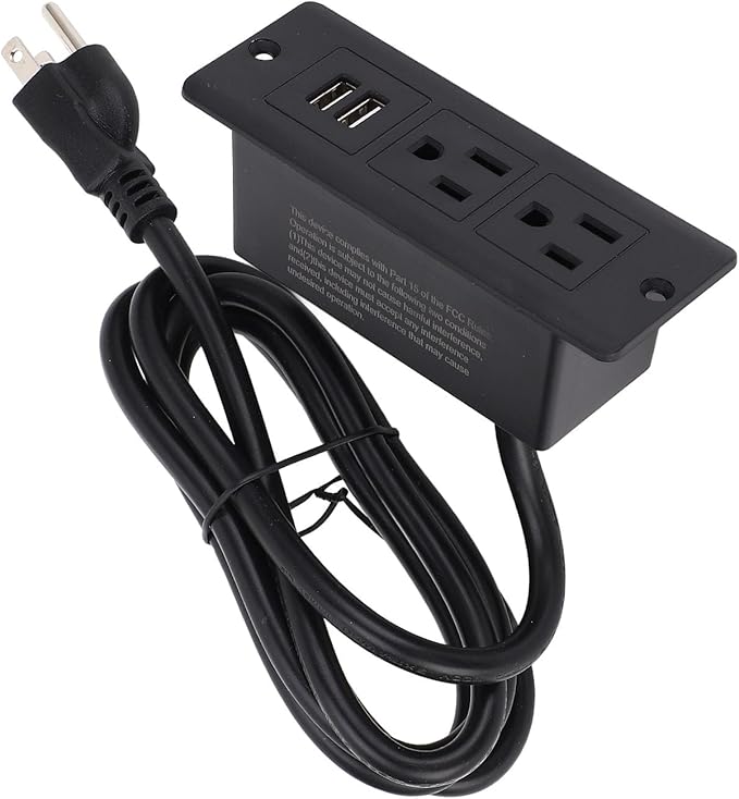 Recessed Power Strip Desktop 2 AC Outlets 2 USB Ports Embedded Design for Furniture Space Saving 1.5m Cord US Plug 125V for Furniture Installation (Black)