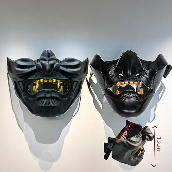 Oni Samurai Mask Half Face Japanese Warrior Mask Ghost Warrior Character Masks Novelty Halloween Party Cosplay Costume Cool Halloween Cosplay Prop for Boys Girls Adults Kids Party Accessory