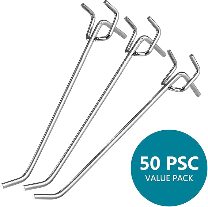 50 Pcs Pegboard Hooks 6 Inch, Heavy Duty Peg Hooks, Metal Shelving Hooks fits 14 and 18" Pegboard Garage Storage Organizer