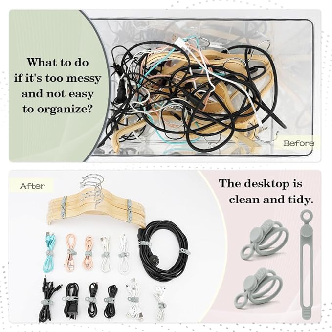 12Pcs Grey Silicone Cable Ties, Grey Cord Strap, Silicone Cable Straps, Rubber Cable Ties, Charger Computer Headphone Mouse Cord Ties for Office Home Kitchen School Travel Organization