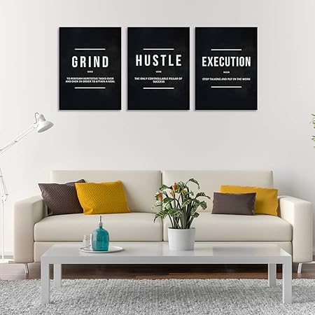 Motivational Office Wall Decor Inspirational Success Canvas Wall Art Hustle Posters Prints Entrepreneur Quote Wall Picture Paintings 3 Pieces Artwork Home Bedroom Framed Easy to Hang(36Wx16H)