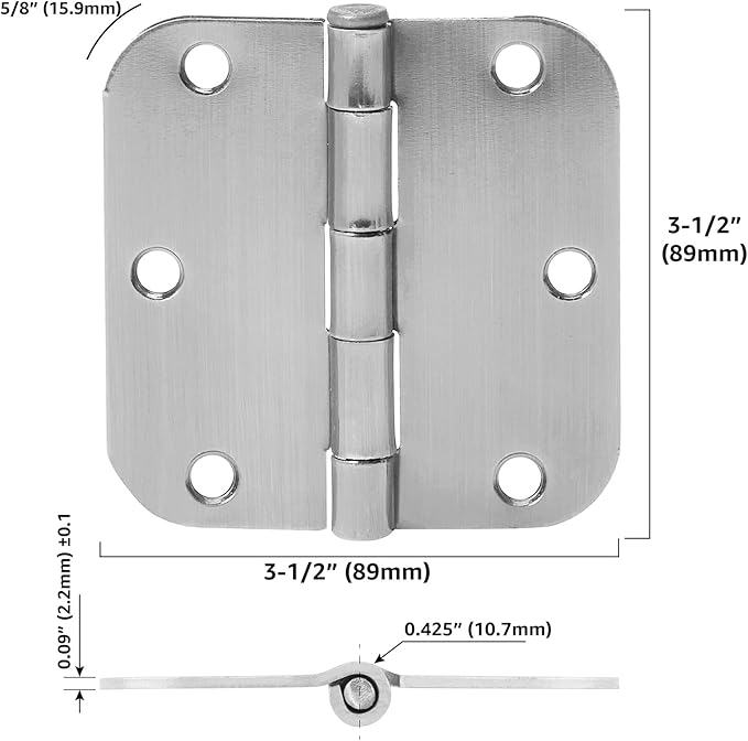 Basics Interior Door Hinge, Rounded, 3.5 x 3.5 Inch, Satin Nickel - Pack of 15
