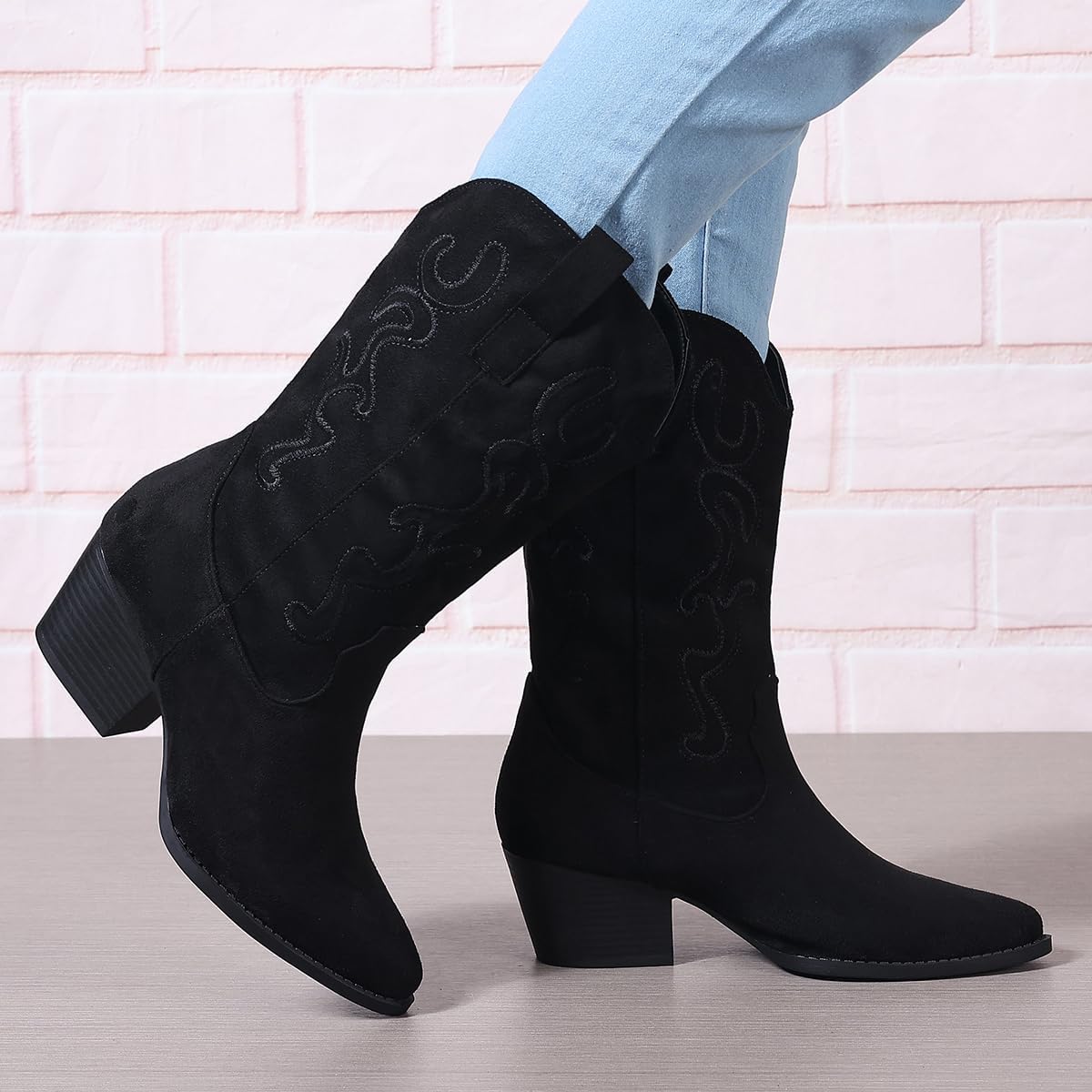 Bplangat Cowboy Boots for Women Cowgirl Mid Calf Western Style Embroidery Stitched Low Chunky Heel Ladies Fashion Boots, US Size 5-11.
