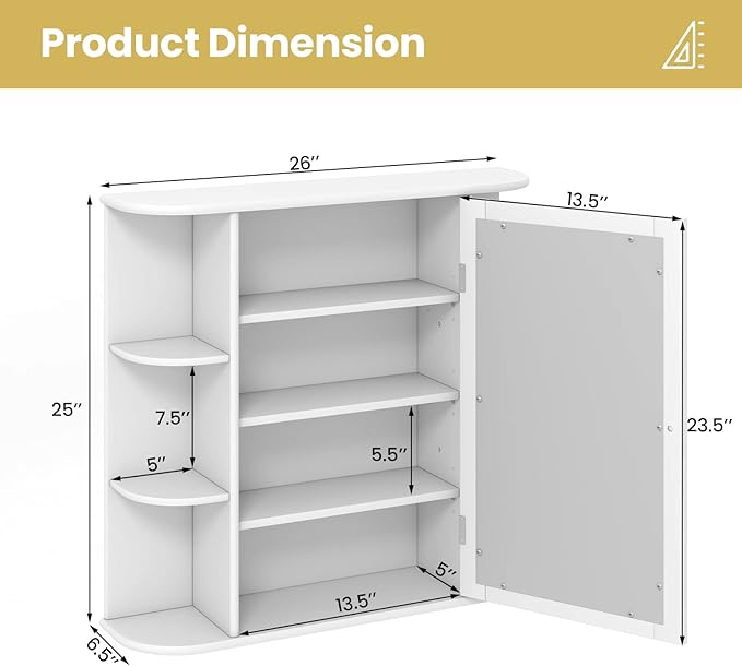 Tangkula Bathroom Medicine Cabinet with Mirror, Wall Mounted Home Storage with Door & 6 Open Shelves, Adjustable Shelves, Mirrored Bathroom Wall Cabinet (White)