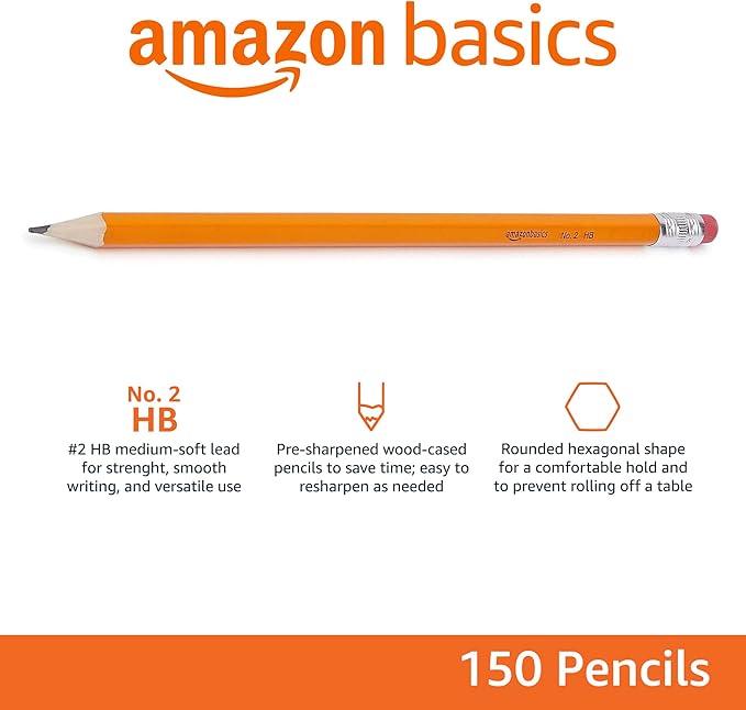 Basics Wood-Cased 2 Pencils, Pre-sharpened, HB Lead Bulk Box, 150 Count, Yellow