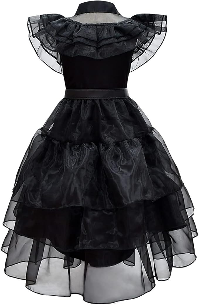 Plustrong Wednesday Addams Black Gothic Cosplay Dress for Girls Halloween Costume