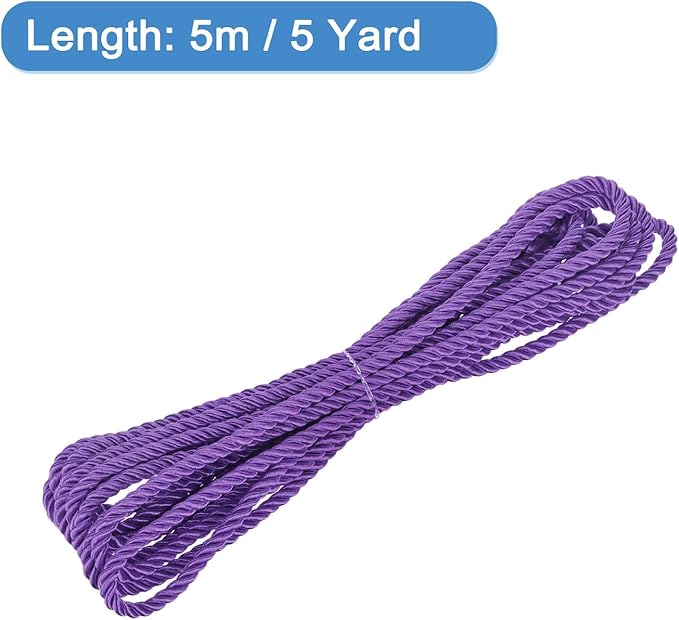 MECCANIXITY Twisted Cord Trim, 5 Yard 5mm 3-Ply Twine Braided Rope Shiny Thread String for Craft Gift Bag Curtain Christmas Decor, Deep Purple - 5m