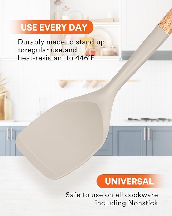 Nonstick Silicone Spatula, Non Scratch Flexible Edge for Pans, Slip Resistant comfortable Wooden Handle, Heat Resistant BPA-Free Kitchen Spatulas for Cooking, 13.2 Inch, Khaki