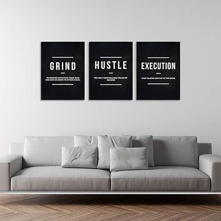 Motivational Office Wall Decor Inspirational Success Canvas Wall Art Hustle Posters Prints Entrepreneur Quote Wall Picture Paintings 3 Pieces Artwork Home Bedroom Framed Easy to Hang(36Wx16H)