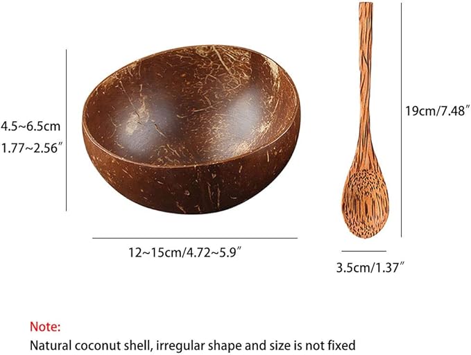 Natural Coconut Bowl Spoon Set,Creative Coconut Shell Fruit Salad Noodle Bowl Wooden Bowl Tableware,4 bowl