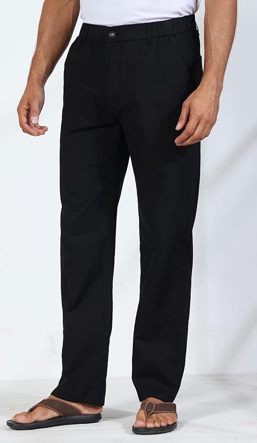 Soojun Men's Casual Linen Blend Relaxed Fit Straight Legs Elastic Waist Pants