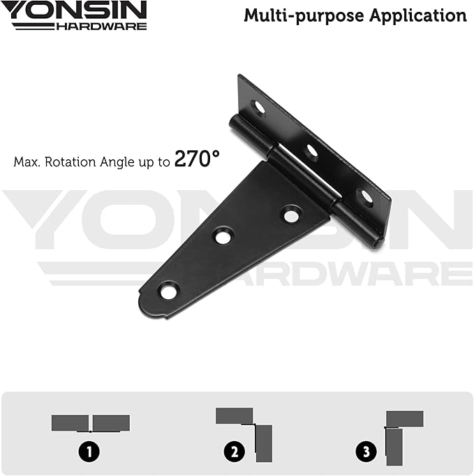 4" T-Strap Shed Door Hinges 2Pcs, Heavy Duty Black Tee Hings for Wooden Fence Gate, Outdoor T Hinges Barn Door Gate Hinges Hardware, Wrought Hinges Hardware, Thickness 2mm