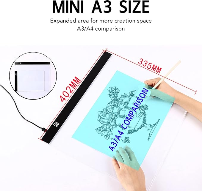 A3 LED Light Pad, 12000K Tracing Light Box with Stepless Dimming, Portable USB Powered Light Board Kit for Artists,Drawing, Sketching, Animation