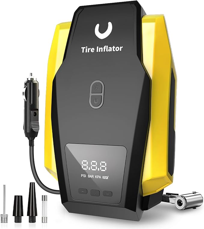 Tire Inflator Portable Air Compressor - Air Pump for Car Tires - 12V DC Tire Pump with Auto Shutoff Function LED Light for Cars, Bicycles, Motorcycles, Yellow, Large