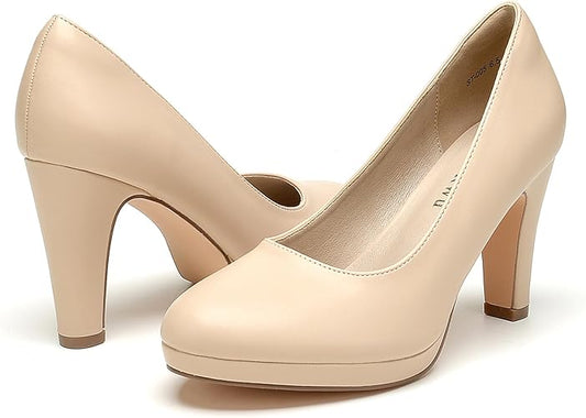 WuORWu Women's Round Toe Low Platform High Heel Pumps