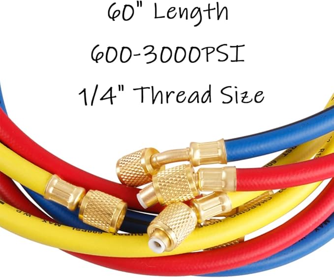 3PCS Refrigerant Charging Hose 60" Length 600-3000PSI 14" Thread Fits for R12 R22 R134A 404 502 Car Air Conditioning and HVAC Charging Manifold Gauge Hose Tube RedYellowBlue Three Colors