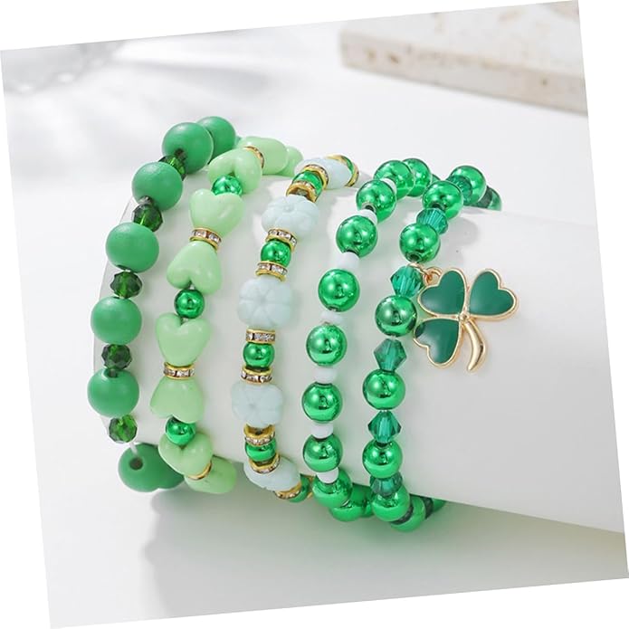 Garneck 5Pcs St Patrick's Day Jewelry Set - Green Beaded Stretch Bracelets with Shamrock Charms - Accessories for Celebrations Parties and Holiday Festivities