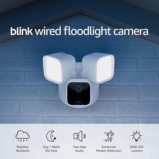 Blink Wired Floodlight Camera - Smart security camera, 2600 lumens, HD live view, enhanced motion detection, built-in siren, Works with Alexa 1 camera (White)