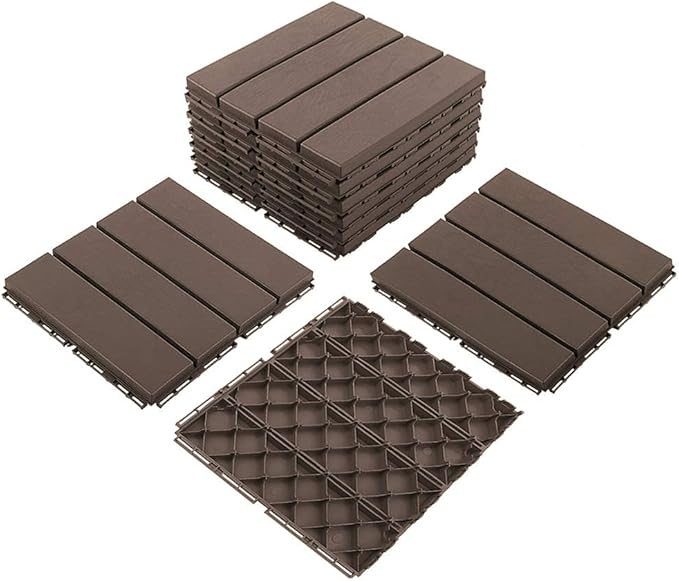 domi Outdoor Living Patio Deck Tiles, 12 x 12 inches Composite Interlocking Decking Tile, Four Slat Plastic Outdoor Flooring, 9 Pieces One Pack, Dark Brown
