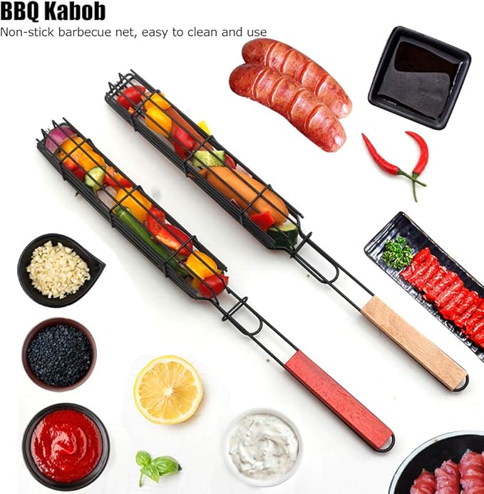 2Pcs Grilling Basket, Bbq Kabob Barbecue Net, Stainless Steel Nonstick Barbecue Mesh Sausage Grill Basket for Hot Dog Kitchentool Picnic Camping