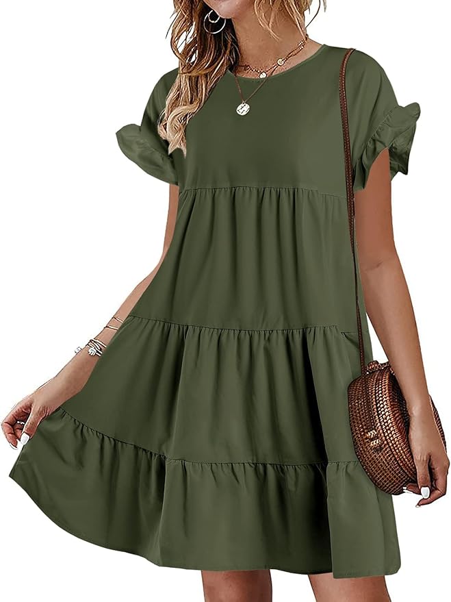 Chuanqi Womens Ruffles Boho Floral Printed Babydoll Loose Swing Casual Short Mini T-Shirt Dress