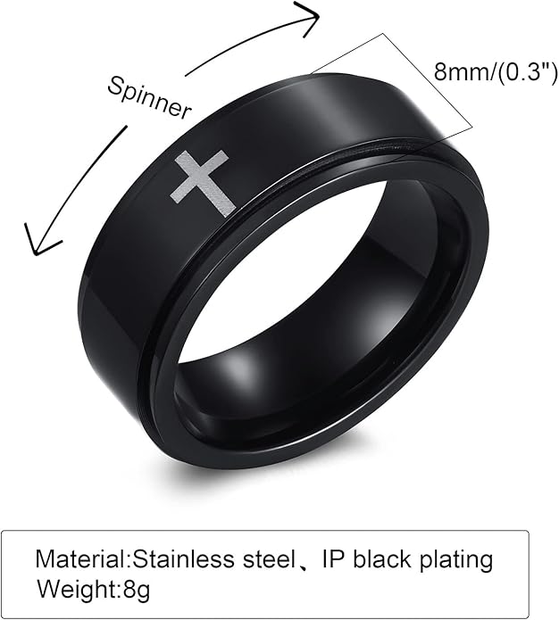 6mm/8mm Titanium Steel Black/Silver/Gold Fidget Ring Engraved Small Cross Stainless Steel Spinner Rings Stress Relieving Anxiety Ring Engagement Wedding Promise Band for Women Men Size 5-15