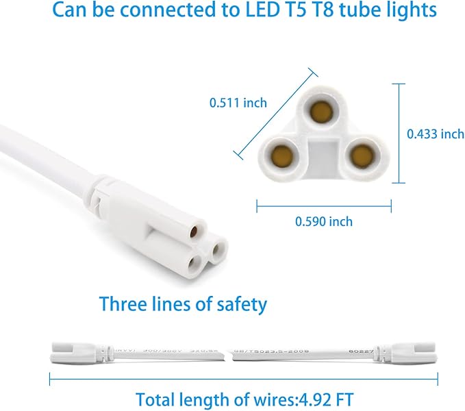 T5 T8 Led Double Ended 3 Pin Light Cable Wire Ceiling Light Daylight Led Integral Tube Cable Connectable Wire for Led Tube Light Holder Socket Accessory with Cable White, (4.9ft1.5m) 4-Pack
