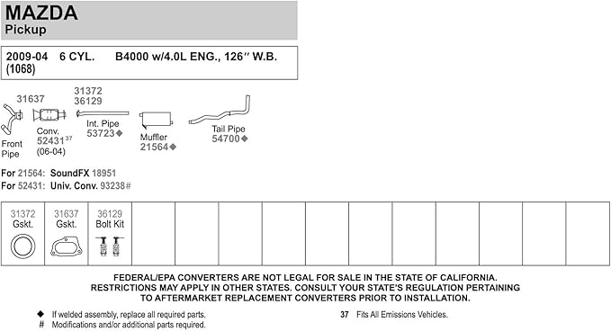 Walker 54700 Exhaust Tail Pipe 2" Inlet (OD) 2" Outlet (OD) for Ford Ranger