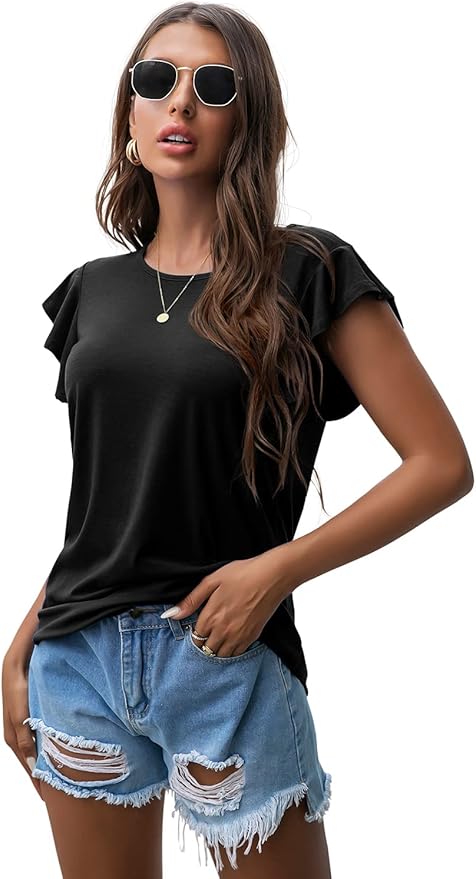 PrinStory Women's Ruffle Tops Summer Casual Short Sleeves Knit Shirts Round Neck Tunic Top for Women 2025 Fashion Trend